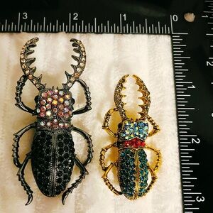 2pc Colorful Crystal Beetle Brooch Pins Stag Bug Blue Red Black Rhinestone Gift